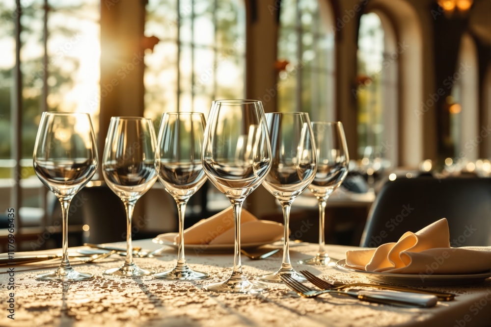 Elegant table setting with wine glasses on a lace tablecloth in a warm sunlit dining room. Elegant table setting with wine glasses on a lace tablecloth in a warm sunlit dining room.