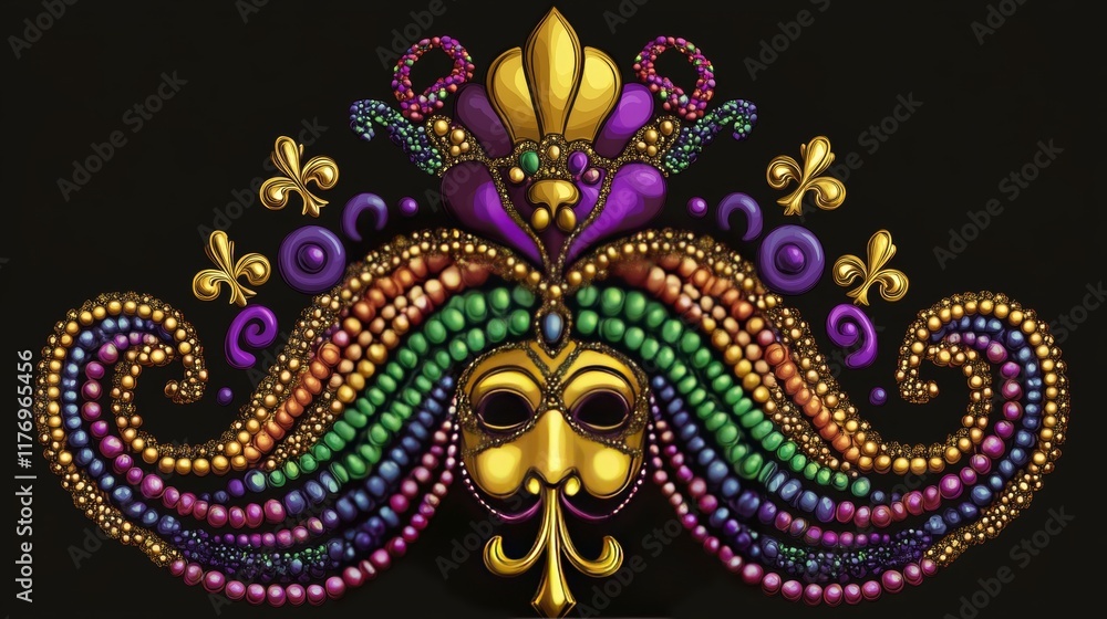 Fototapeta premium Rainbow label made with bead strings, Fleur de Lis sign, carnival golden venetian face mask in jester tomfool hat. Design element with text for Mardi Gras decoration.