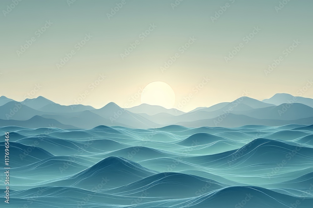 Fototapeta premium Serene landscape of rolling waves at sunset, evoking calm and tranquility.