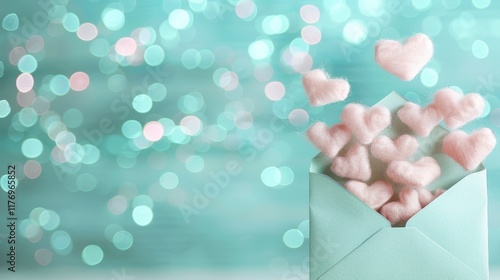 Whimsical love letter surrounded by floating hearts on a colorful dreamy background