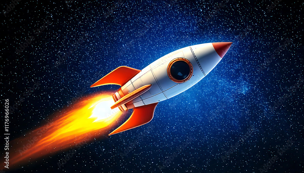 A retro-styled rocket ship blasts off into a star-studded night sky, leaving a fiery trail. Perfect for illustrating concepts of innovation, progress, and space exploration. A retro-styled rocket ship blasts off into a star-studded night sky, leaving a fiery trail. Perfect for illustrating concepts of innovation, progress, and space exploration.