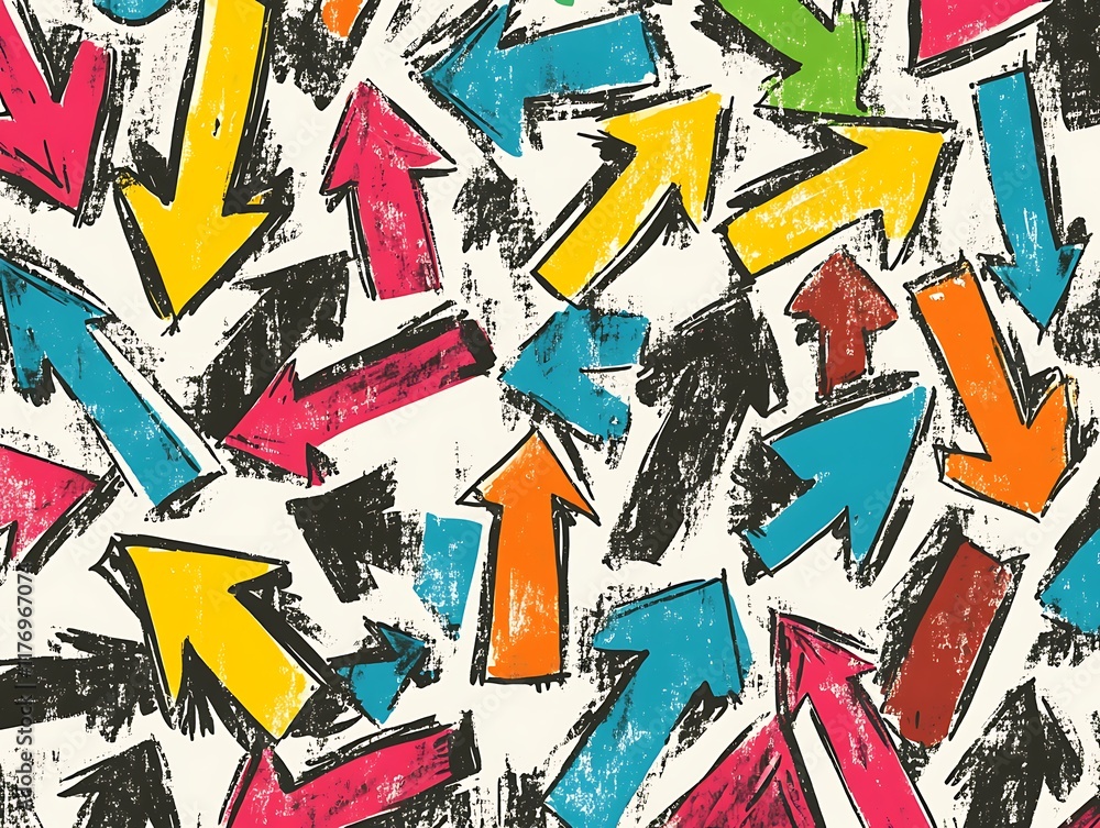 Naklejka premium Hand-Drawn Doodle Arrow Set with Curved Paths, Spirals, Brushstroke Textures, and Vibrant Artistic Designs for Creative Graphic Projects