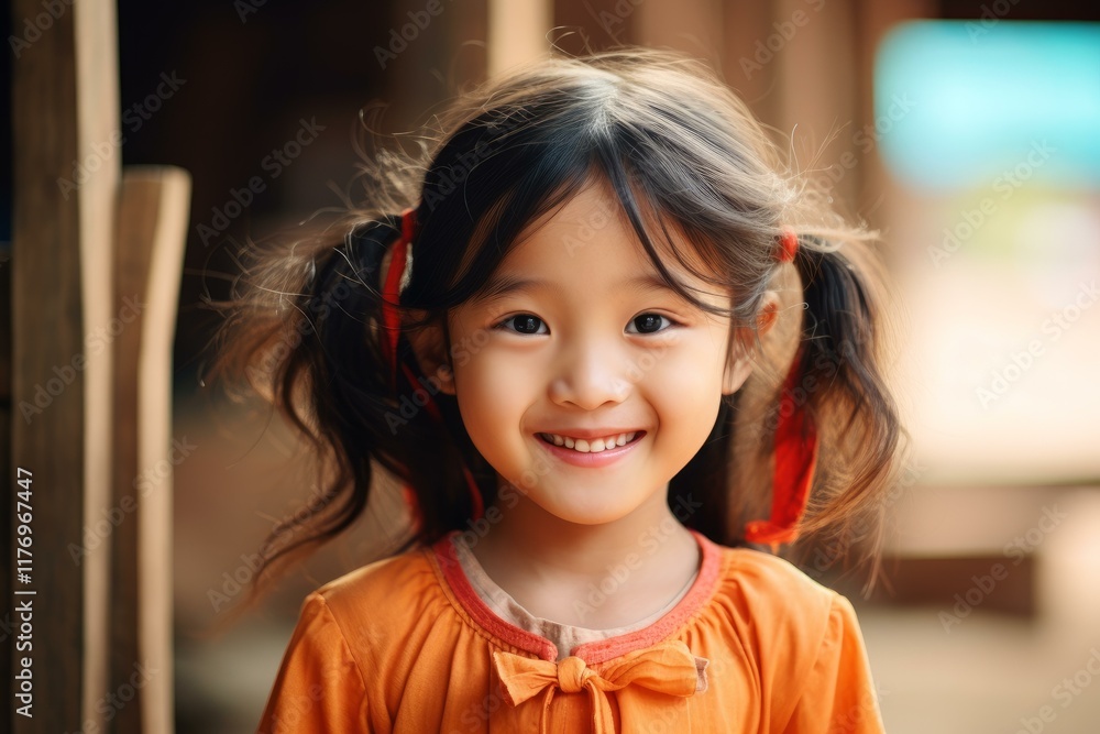 Φωτογραφία Close up of adorable young asian girl smiling, wearing an orange dress and red r