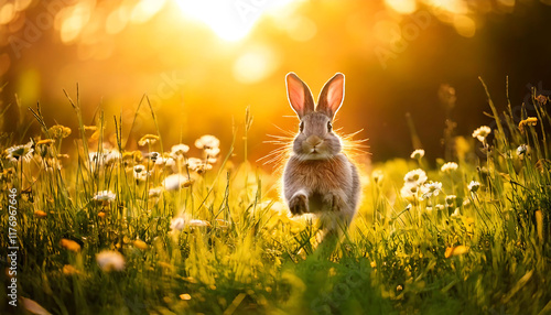 Fototapeta Naklejka Na Ścianę i Meble -  Adorable bunny rabbit hopping through a sunlit meadow of wildflowers.