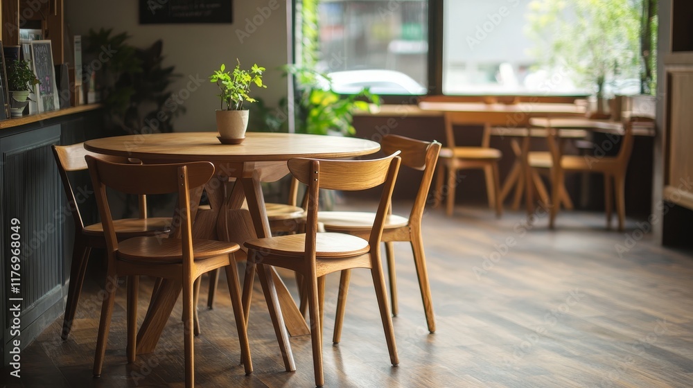 Obraz premium Minimalist interior with an empty wall, wooden chairs, a round table, and parquet flooring, showcasing a warm, contemporary design concept. 3D Rendering.
