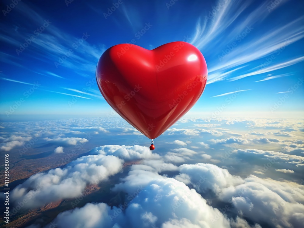 Fototapeta premium Red Heart Balloon Soaring High: Stunning Aerial View