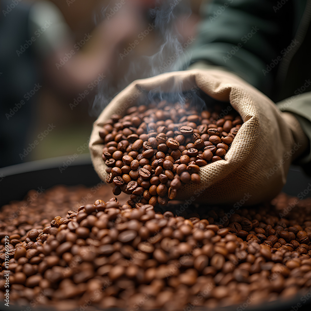 Fototapeten Kaffeebohnen Kaffeebohnen - Café fraîchement torréfié : Main tenant une cuillère pour ramasser des grains de café sur un sac en toile, avec un nuage d’arôme #1176969279