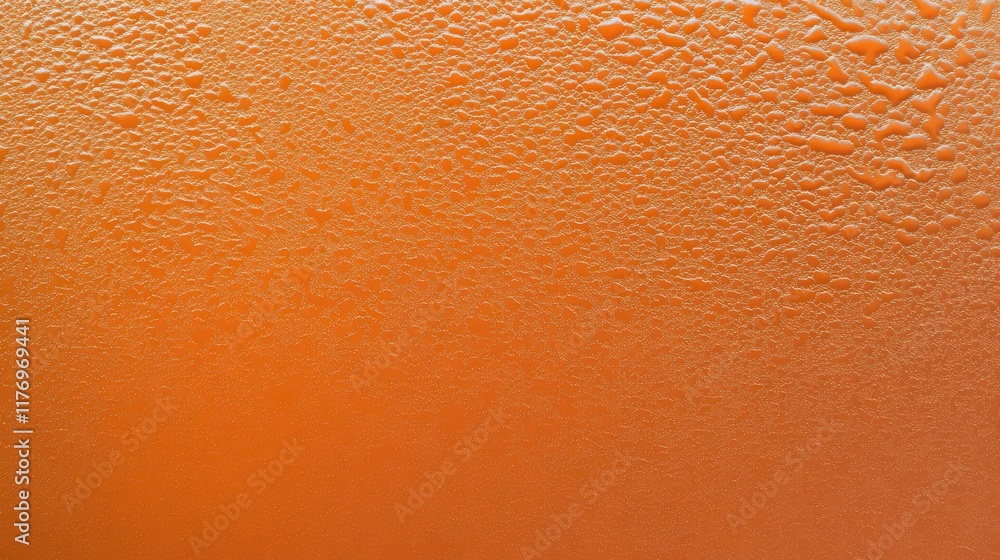 Naklejka premium Stunning Orange Liquid Surface with Water Droplets. Detailed Texture of Water Beads on a Surface. A Closeup View of the Water Patterns.