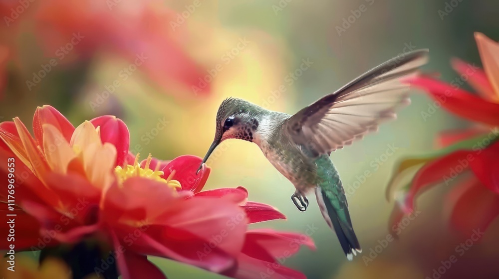 Fototapeta premium A hummingbird hovering near vibrant flowers, showcasing nature's beauty and pollination.