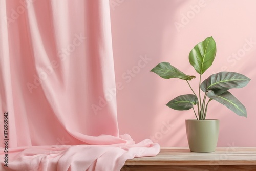 Potted plant on wooden table with pink curtain and wall background