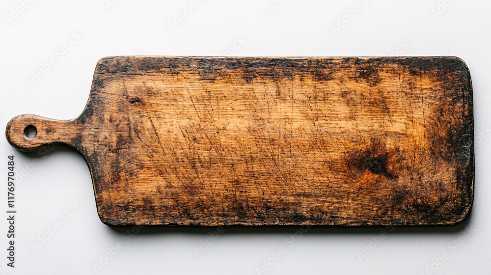 Fototapeta premium Wooden cutting board with rustic texture placed on a white surface for kitchen use