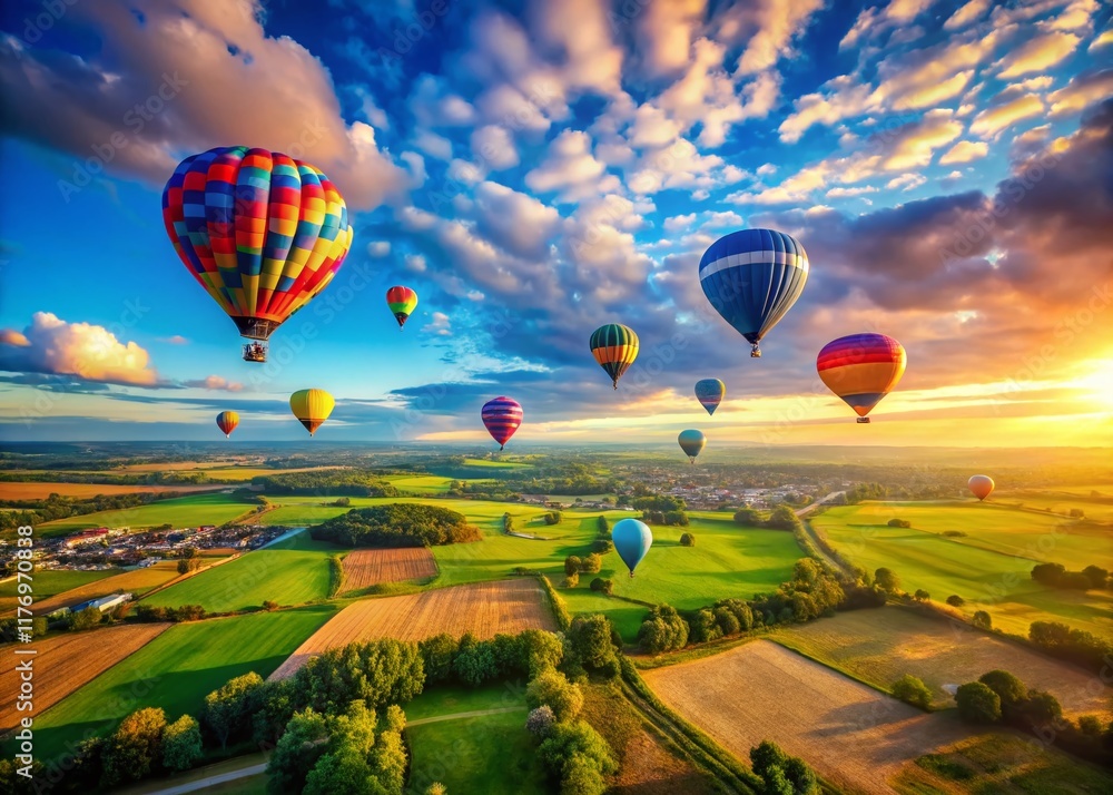 Fototapeta premium Retro Summer Sky: Blue Sky, Sun, Clouds, and Colorful Balloons - Drone Aerial View