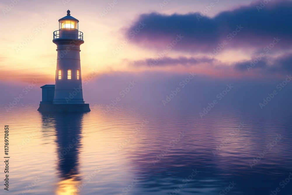 Sunset view of a lighthouse standing on calm waters highlighting serene coastal beauty Sunset view of a lighthouse standing on calm waters highlighting serene coastal beauty