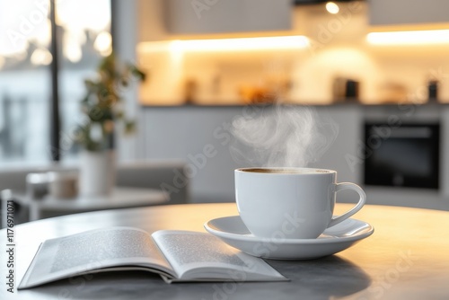 Wallpaper Mural Steaming Coffee Cup on Minimalist Table with Soft Lighting in Modern Kitchen Setting Perfect for Mystery Novel Lovers and Cozy Atmospheres Torontodigital.ca