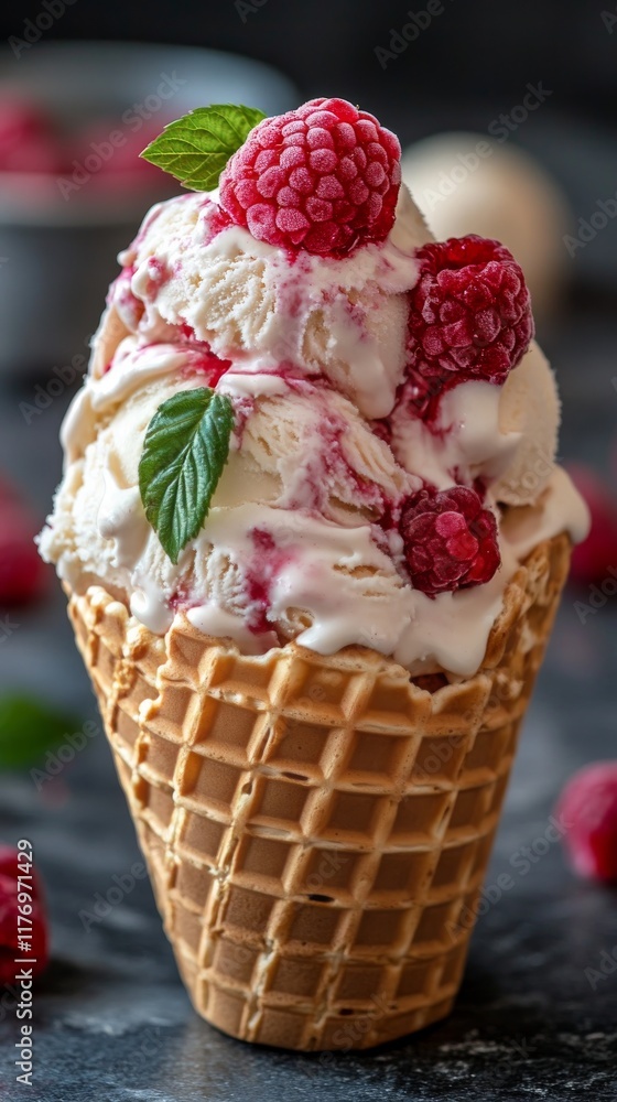 Delicious ice cream cone topped with raspberries and chocolate on a sunny day in a busy urban street