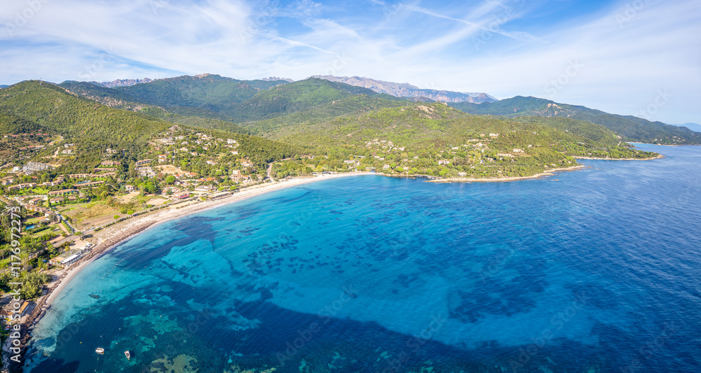 Landscape with beach of Favone and South Corsica coast, Corsica island, France