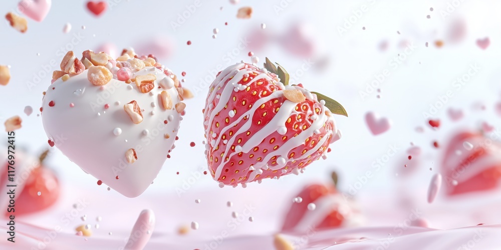 Two strawberries covered in sweet chocolate, floating in space, a concept of love and romance for February 14th. A minimalist romantic background in white and pink tones with berries, sweets Two strawberries covered in sweet chocolate, floating in space, a concept of love and romance for February 14th. A minimalist romantic background in white and pink tones with berries, sweets