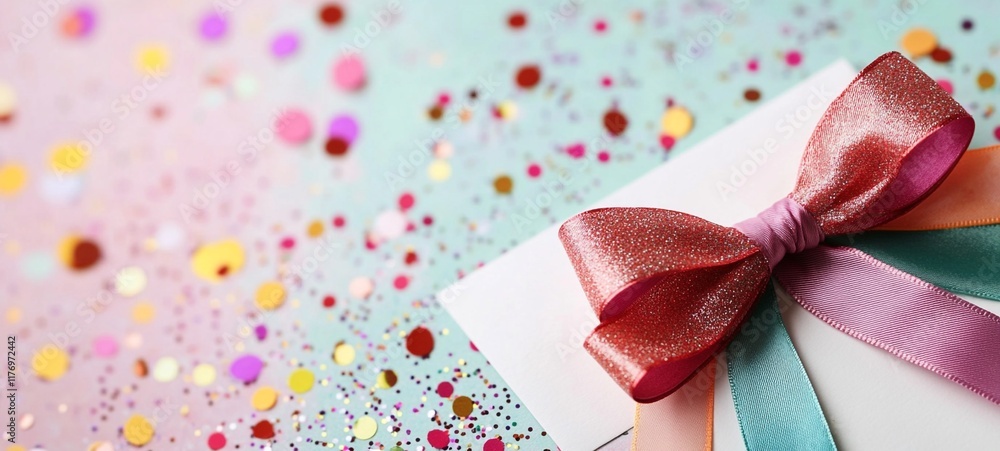 Beautifully wrapped gift box with a vibrant red ribbon bow set against a sparkling colorful confetti background This image evokes a sense of the special occasion of a holiday birthday or anniversary Beautifully wrapped gift box with a vibrant red ribbon bow set against a sparkling colorful confetti background This image evokes a sense of the special occasion of a holiday birthday or anniversary
