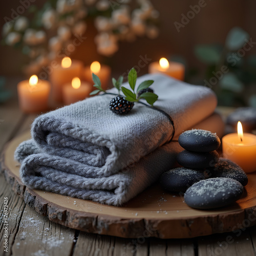 Ambiance spa : Serviette grise roulée accompagnée de bougies, pierres lisses, fougères, et galets noirs sur un fond en bois chaleureux photo