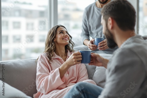 Group of friends enjoying coffee together in a cozy home environment. photo