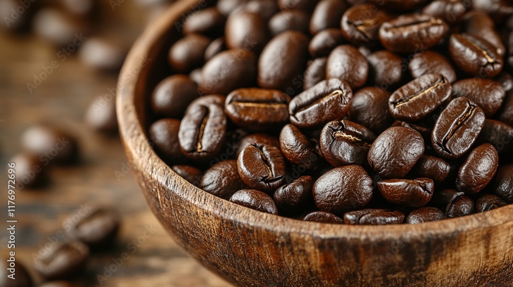 Fototapeta premium Close up view of freshly roasted aromatic coffee beans in a rustic wooden bowl Concept of gourmet coffee breakfast cafe or coffee shop