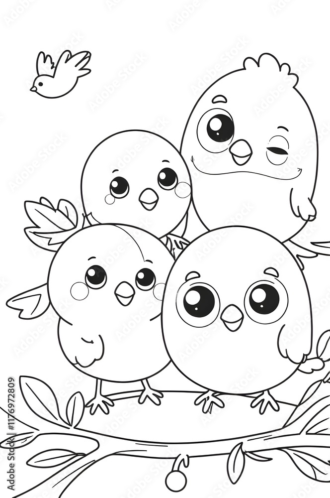 Obraz premium Cute bird,coloring book,still life,black line art,white background,clean outline art, rule of thirds,Generative Ai 
