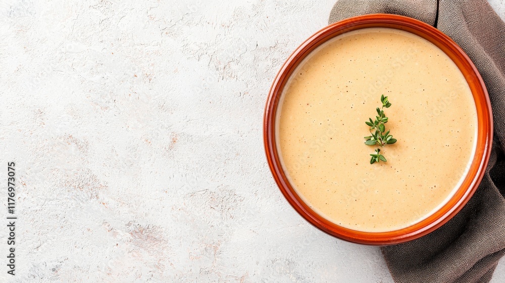 Creamy Soup in a Bowl Garnished with Fresh Thyme on a Light Textured Background Creamy Soup in a Bowl Garnished with Fresh Thyme on a Light Textured Background