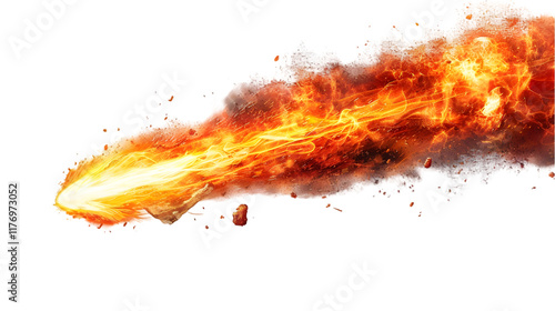 Flaming meteorite with fiery trail in space isolated on a transparent background