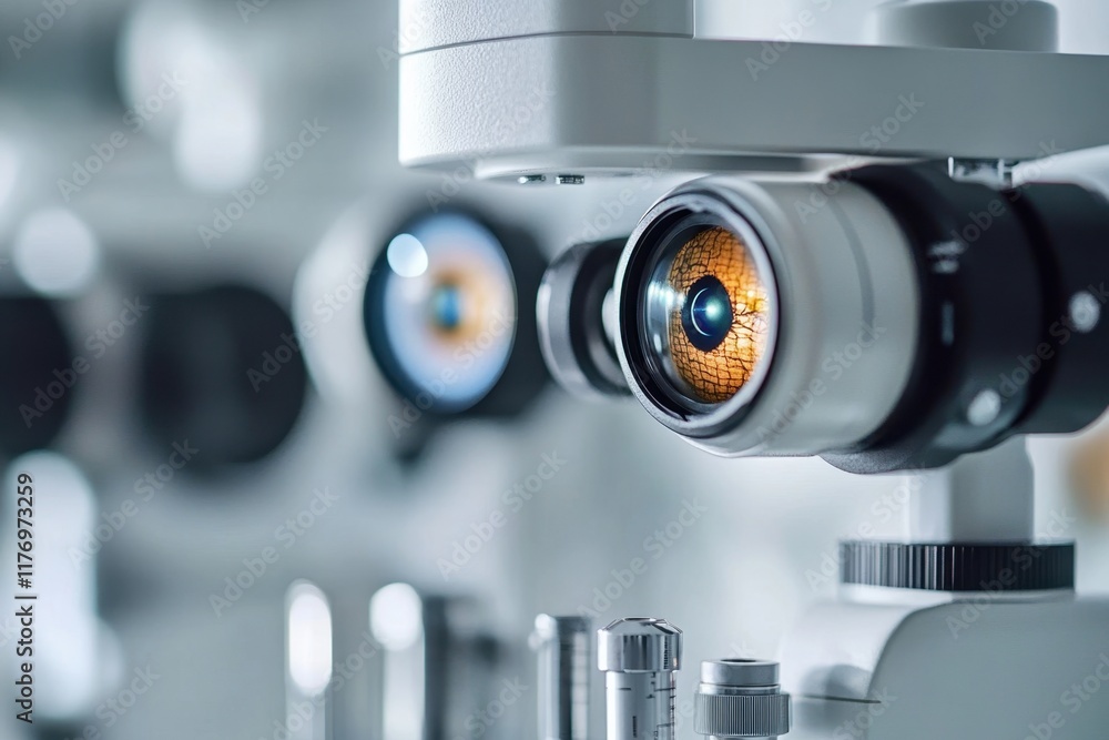 Close-up view of modern ophthalmic equipment in a clinical setting for eye examinations Close-up view of modern ophthalmic equipment in a clinical setting for eye examinations