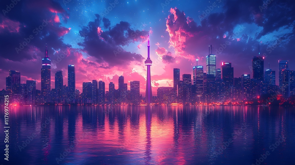 Vibrant city skyline at dusk with colorful reflections on water. Vibrant city skyline at dusk with colorful reflections on water.