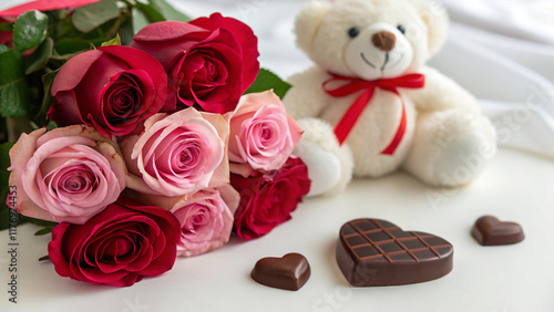 Red roses bouquet , chocolates and teddy bear