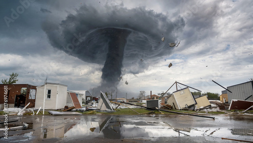 storm clouds over city, tornado with a destroyed house, natural disaster, twister