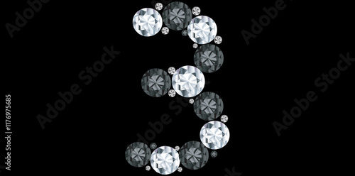 Rhinestone Diamonds Bling Number 3 Luxury Text Design Vector Illustration.	