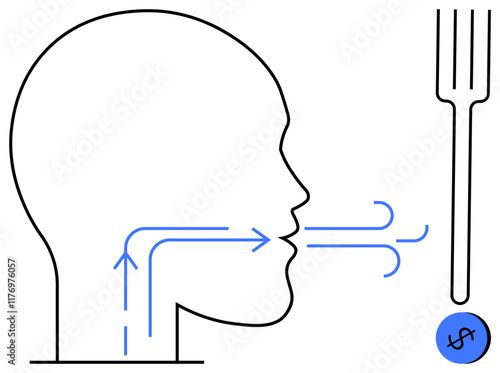 Human head line drawing, arrows representing breathing, adjacent fork and dollar sign. Ideal for healthcare, finance, communication, nutrition, costs metaphors abstract thinking. Conveying