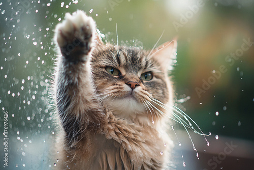 Fluffy Cat Raises Paw During Bath, Comical & Heartwarming Moment with Water Droplets