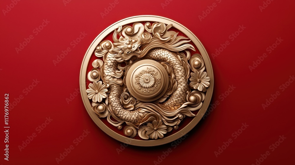 Intricate golden dragon design on a circular shield against a red background. Intricate golden dragon design on a circular shield against a red background.