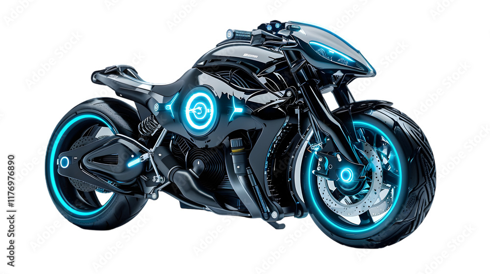 Futuristic black with blue accents sports motorcycle on clear background, ready for object and retouch design isolated on a transparent background Futuristic black with blue accents sports motorcycle on clear background, ready for object and retouch design isolated on a transparent background