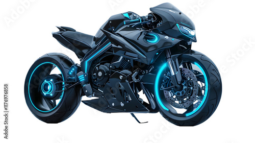 Futuristic black with blue accents sports motorcycle on clear background, ready for object and retouch design isolated on a transparent background photo