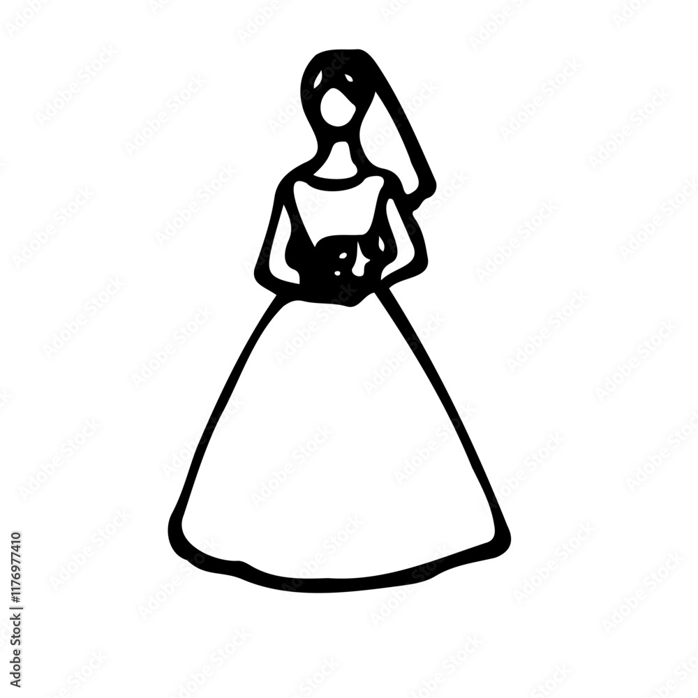 bride figurine for wedding cake holding bouquet - hand drawn line sketch bride figurine for wedding cake holding bouquet - hand drawn line sketch