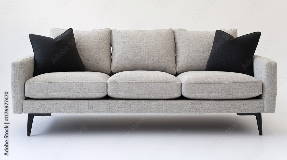 Fototapeta premium Modern gray sofa with black accent pillows positioned against a neutral wall