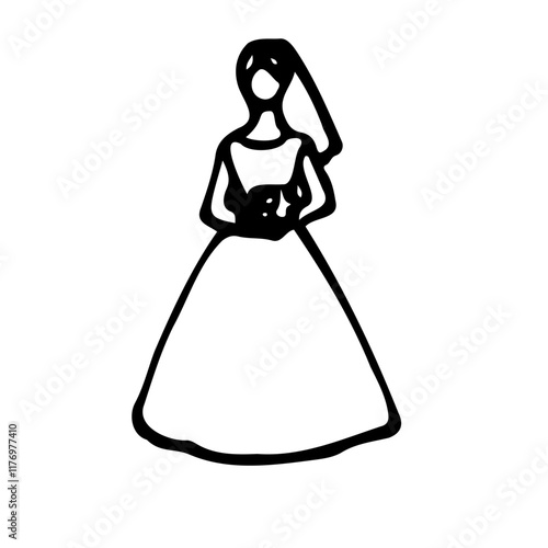 bride figurine for wedding cake holding bouquet - hand drawn line sketch