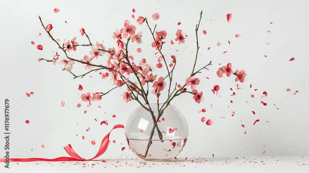 A minimalist celebration with peach blossoms in a clear glass vase, accented by red ribbons and simple festive decorations A minimalist celebration with peach blossoms in a clear glass vase, accented by red ribbons and simple festive decorations