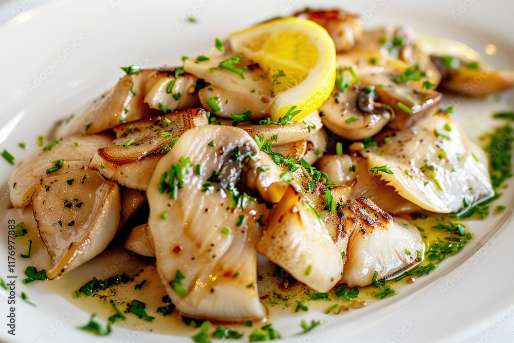 Oyster Mushrooms Plated as Scallops with Lemon and Fresh Herbs Oyster Mushrooms Plated as Scallops with Lemon and Fresh Herbs