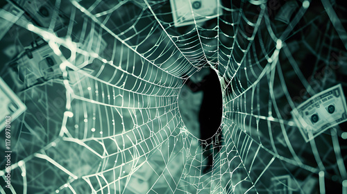 Person caught in a spider web with currency symbols photo