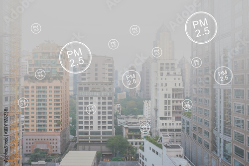 Overlooking the skyline of Bangkok's bustling downtown area. Bangkok skyscrapercity with air pollution PM2.5