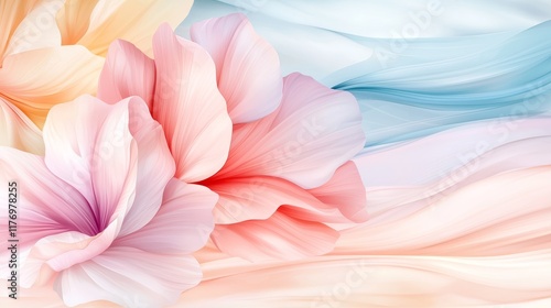 Pastel Pink and Peach Flowers with Abstract Blue Wave Background Soft Floral Design