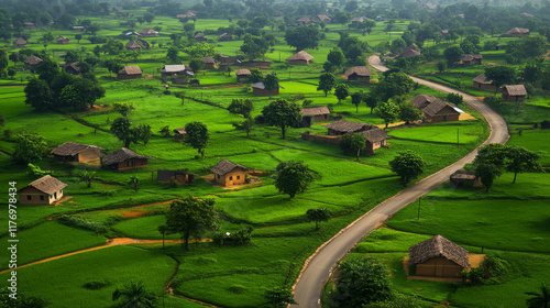 From above, this charming African village, Imo State, Nigeria is a sight to behold, with its vibrant green grass, dense trees, and colorful houses, all linked by a smooth and winding road.  photo