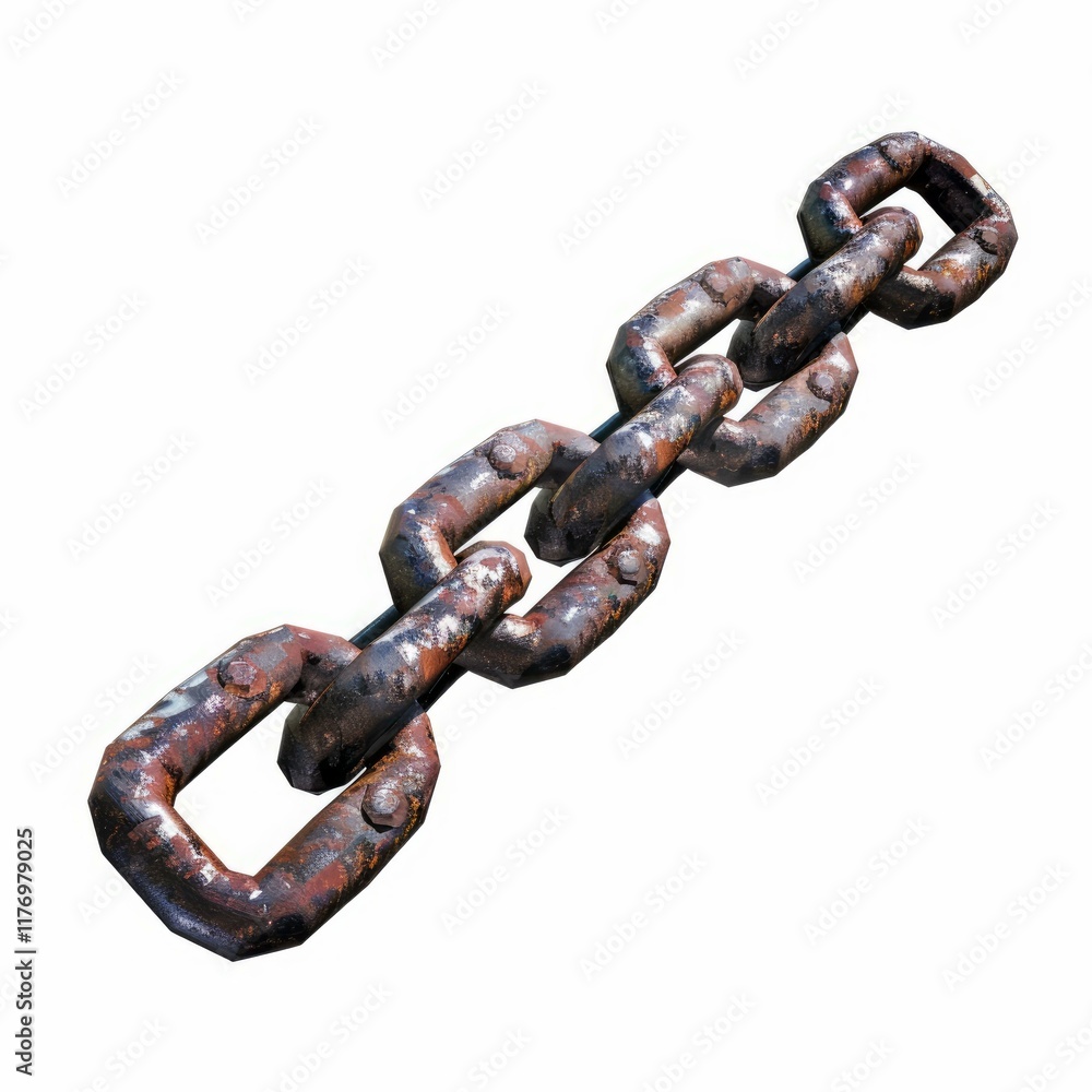 Close up of a rusty metal chain connecting strong links, isolated on a white background, representing strength, connection, and resilience Close up of a rusty metal chain connecting strong links, isolated on a white background, representing strength, connection, and resilience