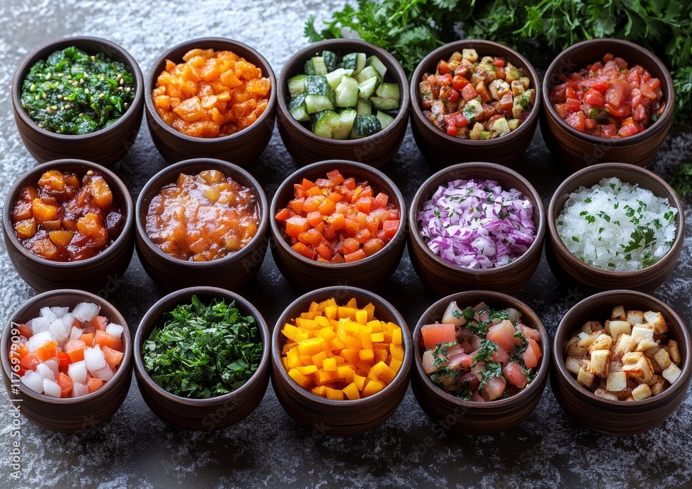 Vibrant Winter Snacks in Small Bowls on Frosty Surface Vibrant Winter Snacks in Small Bowls on Frosty Surface