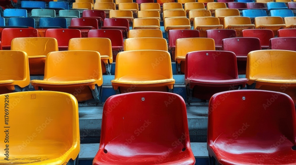 Naklejka premium Vibrant Array of Empty Stadium Seats in Various Colors Creating a Bold and Eye-Catching Composition